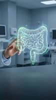 Doctor hand presenting holographic intestine model in modern medical facility for digestive health education and gastroenterology consultation.