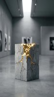 Cracked concrete cube with golden light emanating from fractures displayed in modern art gallery interior with dramatic lighting and minimalist design.