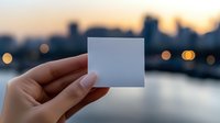 Hand holding blank white card against blurred urban cityscape background with sunset sky and bokeh lights reflecting on water surface. For mockup presentation.