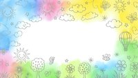 Colorful watercolor frame with hand drawn doodles of suns, clouds, flowers, butterflies and hot air balloon on white background for children design.