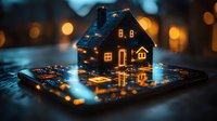 Glowing miniature house model on digital tablet screen with magical bokeh lights creating cozy atmosphere, concept of smart home technology and real estate.