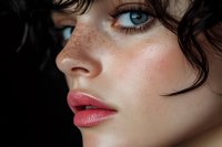 Close up portrait of young woman with freckles, bright blue eyes, pink lipstick and dark curly hair against black background. Natural beauty concept.