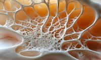 Macro photography of delicate soap bubble foam structure with intricate web-like patterns in orange and white tones creating abstract organic shapes and textures.