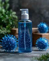Blue sanitizer bottle with bubbles surrounded by virus cell models on dark background, highlighting hygiene and health protection during pandemic period.