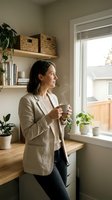 Young professional woman enjoying morning coffee by window in modern home office with plants and organized shelving for remote work lifestyle.
