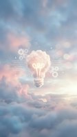 Glowing light bulb floating among soft clouds with digital gears and circuit patterns, representing innovation, creativity, and technological advancement for business and design projects.