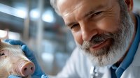 Senior male veterinarian with gray beard examining young pig in clinical setting, demonstrating animal healthcare and professional veterinary practice.