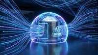 Futuristic digital sphere with glowing data streams and light trails representing artificial intelligence, cloud computing and advanced technology concepts.