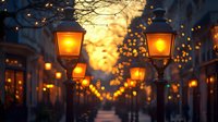 Glowing vintage street lamps illuminate evening promenade with warm bokeh lights and decorative branches creating magical atmosphere for romantic walks.