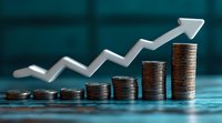 Growing stacks of coins with upward arrow showing financial growth and investment success on turquoise background, business concept for wealth building.