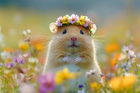 Adorable golden hamster wearing flower crown poses in blooming wildflower meadow with orange and purple flowers against soft bokeh background.