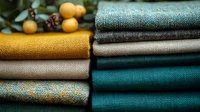Stack of colorful fabric rolls in yellow, teal, gray and brown tones arranged for textile design, upholstery projects and interior decoration materials.