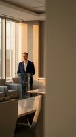Professional businessman in navy suit standing at glass podium in modern conference room with warm natural lighting and city view windows.