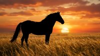 Horse silhouette standing in golden wheat field at sunset with dramatic orange sky and flowing mane creating peaceful countryside scene.