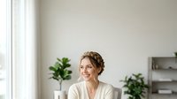 Young woman with brown hair styled in an updo, wearing a beige cardigan, smiling in a bright modern office with potted plants and natural light from windows, suitable for business and corporate design projects.