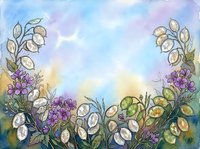 Watercolor floral border with white and purple flowers, green foliage, and soft pastel sky background. Suitable for greeting cards, invitations, and decorative design projects.