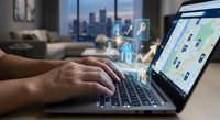 Professional working on laptop with digital smart home interface icons floating above keyboard in modern office with city skyline background.