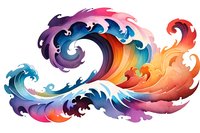 Colorful stylized ocean wave with vibrant gradient colors from purple to orange, featuring dynamic swirling patterns and Japanese-inspired decorative elements.