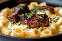 Grilled beef tenderloin medallion served on creamy rigatoni pasta with fresh herbs and black pepper in white sauce, close up view on dark plate.