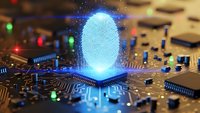 Digital fingerprint hologram on computer circuit board with glowing blue light effects for cybersecurity and biometric authentication technology concepts.