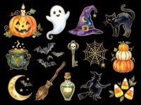 Spooky Halloween icons collection featuring jack-o-lantern, ghost, witch hat, black cat, cauldron, bats, skeleton key, spider web, pumpkins, moon, broomstick, potion bottle, witch silhouette, and candy corn isolated on transparent background. Ready for t-shirts, stickers, clipart, sublimation, and print-on-demand designs.