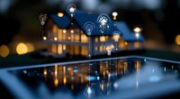 Digital tablet screen reflecting smart home automation system with glowing light bulb icons floating above, evening cityscape bokeh background creates magical atmosphere.