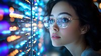 Young Asian woman in glasses gazing thoughtfully at glowing blue and purple bokeh lights reflecting in window, creating futuristic cyberpunk atmosphere.
