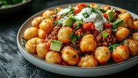 Crispy potato gnocchi in spicy tomato sauce topped with fresh herbs, sour cream, and diced avocado served in gray ceramic bowl on dark background.