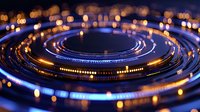 Glowing circular light trails with blue and orange bokeh effects create futuristic technology pattern against dark background, abstract digital motion design.