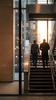 Two business professionals walking up modern office staircase during golden hour with city skyline visible through large windows in contemporary workplace.