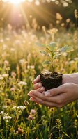 Hands holding young seedling with soil in wildflower meadow at sunrise, symbolizing growth, environmental conservation, and sustainable agriculture for eco-friendly projects.
