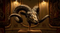 Golden ram head sculpture with curved horns displayed on pedestal in ornate classical interior with wall sconces and decorative panels.