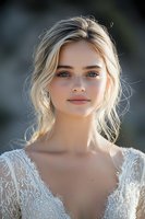 Young Caucasian woman with blonde hair in white lace wedding dress smiling softly at camera. Natural sunlit portrait with bokeh background shows radiant bridal makeup and updo hairstyle.