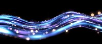 Glowing blue and purple waves with sparkling light effects and bokeh on black background create magical flowing energy stream pattern.