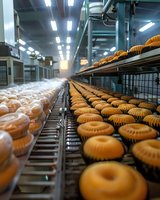 Fresh donuts and pastries on industrial conveyor belt production line in modern bakery facility, showcasing automated food manufacturing process.