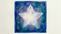 Watercolor star with cosmic galaxy background in blue and purple hues for celestial themed designs and spiritual artwork projects.