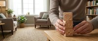Person stacking wooden blocks with symbols on table in modern living room interior with natural lighting and cozy home decor atmosphere.