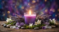 Purple candle burning surrounded by lavender flowers, amethyst crystals and smooth stones creating peaceful spa atmosphere for relaxation and meditation.