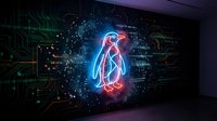 Futuristic penguin silhouette glowing with neon lights surrounded by digital circuit patterns and cosmic particles on dark tech background.