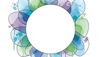 Abstract watercolor circles frame with white center space for text, featuring blue green purple organic shapes with paint splatters on transparent background.