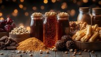 Dark moody food composition with honey jars, spices, nuts and dried fruits on wooden table against blurred bokeh lights background. Rustic styling for recipe blog.