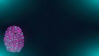 Digital fingerprint scan with pink neon lines on dark teal gradient background for cybersecurity and biometric authentication technology concepts.