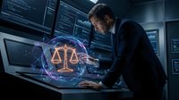 Man in business suit interacting with glowing scales of justice hologram in modern tech control room with multiple digital screens displaying data and code.