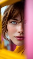 Young Caucasian woman with blue eyes and brown hair in yellow top against colorful pink background. Natural beauty portrait for lifestyle campaigns.