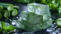 Frozen mint ice cubes stacked in pyramid shape with water drops and fresh mint leaves on dark background, macro photography for refreshing drinks and cocktails.