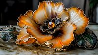Decorative ceramic flower in orange and gold tones with intricate details and metallic accents against dark background, showcasing artisanal craftsmanship.