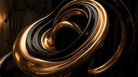 Abstract golden metallic swirls creating dynamic flowing motion with warm lighting effects on dark background for modern design projects.