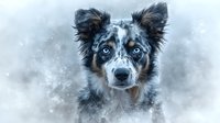 Australian shepherd with striking blue eyes gazes intently through misty winter atmosphere, merle coat and alert ears create dramatic portrait against foggy background.