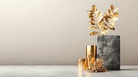 Luxurious golden leaves and metallic cylinders arranged with concrete cube on neutral background, modern minimalist composition for luxury interior decor.