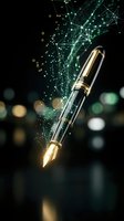 Luxury fountain pen with golden nib surrounded by glowing digital network connections and particles on dark background for business and technology concepts.